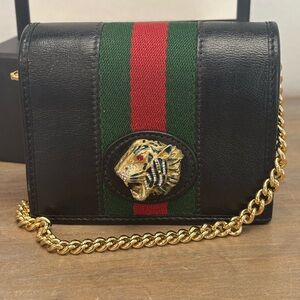 Gucci Black Rajah Web Stripe Tiger Head Leather Card Wallet/Clutch with Chain